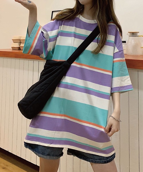 meJane（ミージェーン）の「マルチボーダービックシルエット5分袖Tシャツ【ZOZOTOWN限定】（Tシャツ/カットソー・レディース・ネイビー/ピンク/ラベンダー・FREE）」の7枚目の写真