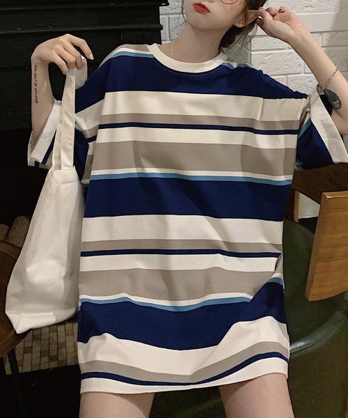 meJane（ミージェーン）の「マルチボーダービックシルエット5分袖Tシャツ【ZOZOTOWN限定】（Tシャツ/カットソー・レディース・ネイビー/ピンク/ラベンダー・FREE）」の5枚目の写真