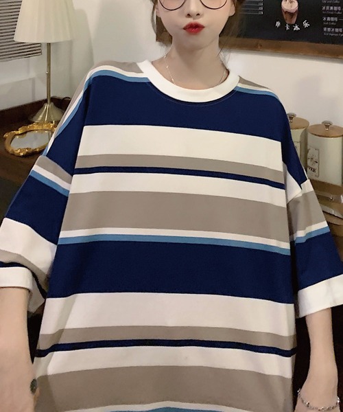 meJane（ミージェーン）の「マルチボーダービックシルエット5分袖Tシャツ【ZOZOTOWN限定】（Tシャツ/カットソー・レディース・ネイビー/ピンク/ラベンダー・FREE）」の6枚目の写真