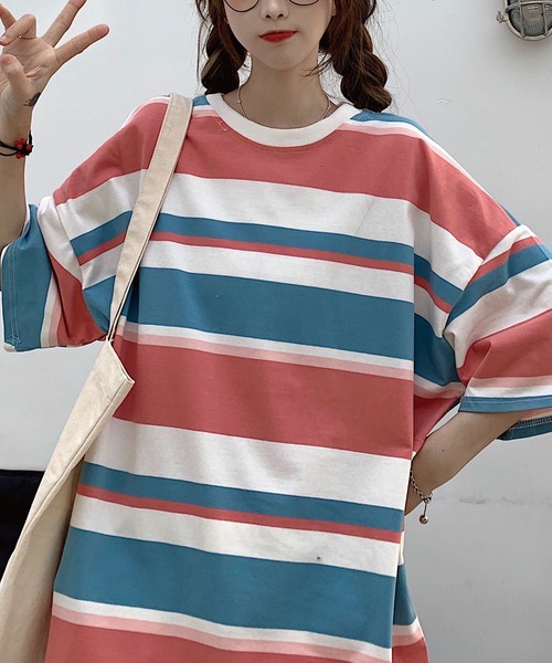 meJane（ミージェーン）の「マルチボーダービックシルエット5分袖Tシャツ【ZOZOTOWN限定】（Tシャツ/カットソー・レディース・ネイビー/ピンク/ラベンダー・FREE）」の13枚目の写真