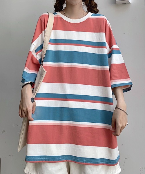 meJane（ミージェーン）の「マルチボーダービックシルエット5分袖Tシャツ【ZOZOTOWN限定】（Tシャツ/カットソー・レディース・ネイビー/ピンク/ラベンダー・FREE）」の12枚目の写真