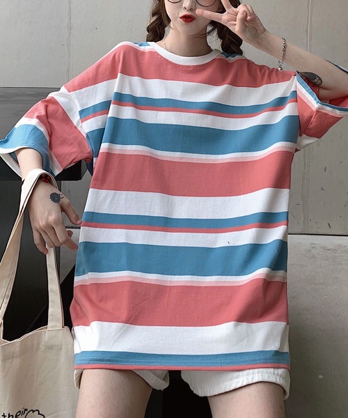 meJane（ミージェーン）の「マルチボーダービックシルエット5分袖Tシャツ【ZOZOTOWN限定】（Tシャツ/カットソー・レディース・ネイビー/ピンク/ラベンダー・FREE）」の10枚目の写真