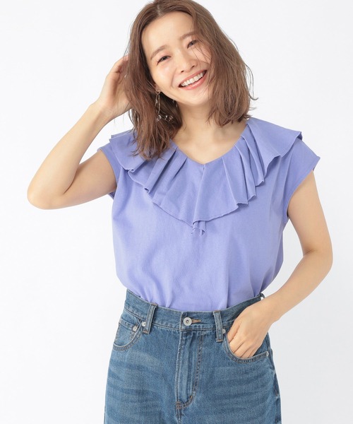 studio CLIP（スタディオクリップ）の「【低身長向けアイテム/WEB限定】ラッフル襟プルオーバー（Tシャツ/カットソー・レディース・オフホワイト/ブルー・FREE）」の12枚目の写真