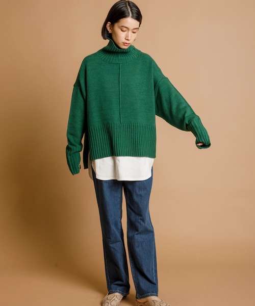 CIENA（シエナ）の「サイドスリットタートルニットプルオーバー（ニット/セーター・レディース・ブラック/ベージュ/ブラウン/グレー/オフホワイト/オレンジ/ブルー/グリーン/プラム/ホワイト系その他/グレー系その他/ブラック系その他/グリーン系その他/オレンジ系その他/ボルドー/イエロー・FREE）」の20枚目の写真