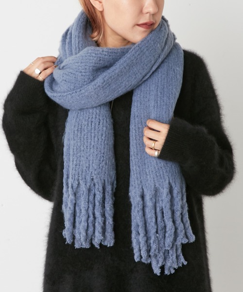 Omekashi(オメカシ)の「リサイクルフリンジストール(マフラー・レディース・グレー/ブルー/オフホワイト・FREE)」の1枚目の写真