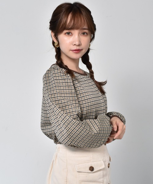 ems excite（エムズエキサイト）の「パイピングチェック柄カットソー（Tシャツ/カットソー・レディース・ベージュ/ブラック系その他/ダークブラウン・FREE）」の14枚目の写真