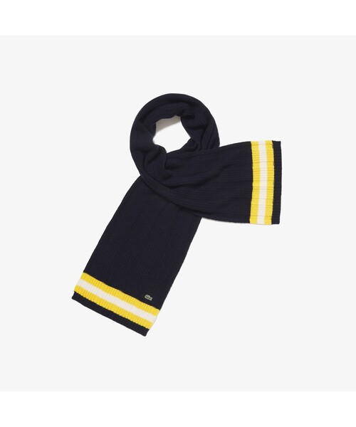 LACOSTE(ラコステ)の「ボーダーラインニットマフラー(マフラー・レディース・ネイビー/オフホワイト・FREE)」の1枚目の写真
