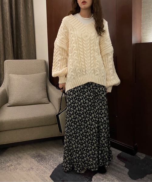 Didot.showroom（ディドット ショールーム）の「vneck volume cable knit / Vネックボリュームスリーブケーブルニット（ニット/セーター・レディース・アイボリー/グレー/ブルー・FREE）」の18枚目の写真