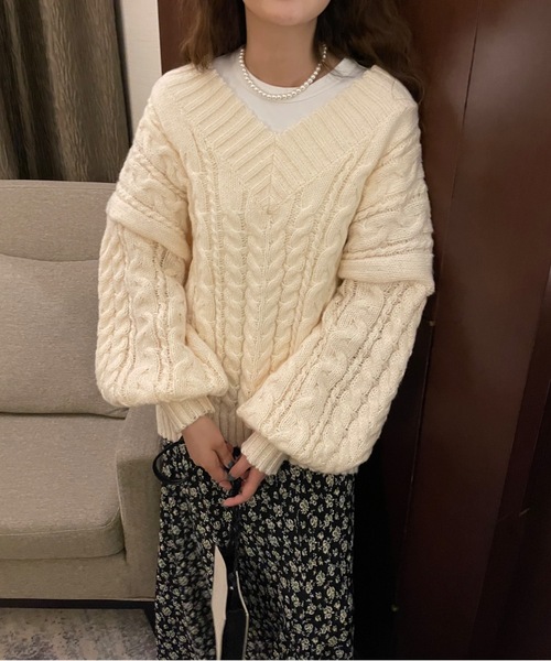 Didot.showroom（ディドット ショールーム）の「vneck volume cable knit / Vネックボリュームスリーブケーブルニット（ニット/セーター・レディース・アイボリー/グレー/ブルー・FREE）」の14枚目の写真