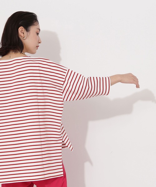 NATURAL BEAUTY BASIC(ナチュラルビューティーベーシック)の「オーガニックコットンテントラインボーダーカットソー(Tシャツ/カットソー・レディース・ブラック系その他/レッド系その他/グリーン系その他・MEDIUM)」の3枚目の写真