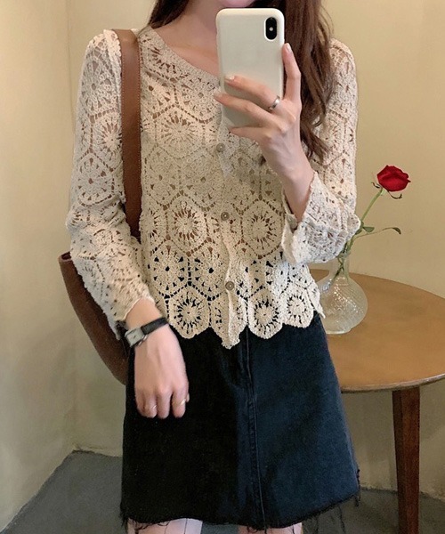 Chaco closet（チャコ クローゼット）の「クロシェ編みコットンレースコンパクトカーディガン（カーディガン/ボレロ・レディース・ホワイト/アイボリー・FREE）」の9枚目の写真