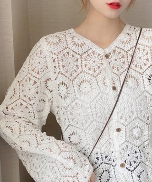 セール】クロシェ編みコットンレースコンパクトカーディガン