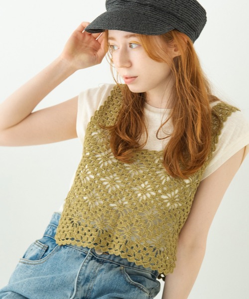 Crisp（クリスプ）の「フラワークロシェタンク（キャミソール・レディース・カーキ/アイボリー/ピンクベージュ・FREE）」の12枚目の写真