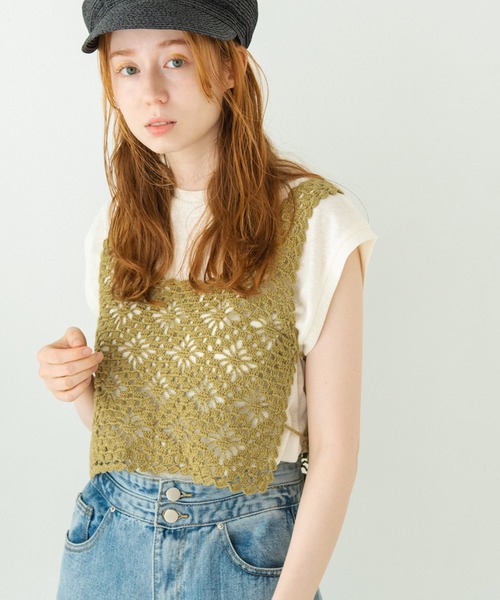 Crisp（クリスプ）の「フラワークロシェタンク（キャミソール・レディース・カーキ/アイボリー/ピンクベージュ・FREE）」の9枚目の写真