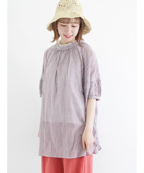 Samansa Mos2（サマンサ モスモス）の「インドボイルストライプ柄前後2WAYブラウス（シャツ/ブラウス・レディース・パープル/ネイビー/ピンク/グリーン・ﾌﾘ-）」の3枚目の写真