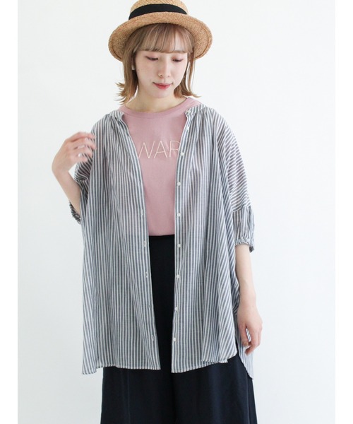 Samansa Mos2（サマンサ モスモス）の「インドボイルストライプ柄前後2WAYブラウス（シャツ/ブラウス・レディース・パープル/ネイビー/ピンク/グリーン・ﾌﾘ-）」の20枚目の写真