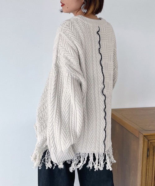 PAGEBOY(ページボーイ)の「MIXケーブルBIGプルオーバー(ニット/セーター・レディース・ブラック/オフホワイト・FREE)」の1枚目の写真