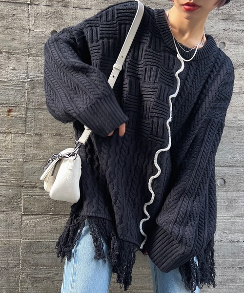 PAGEBOY(ページボーイ)の「MIXケーブルBIGプルオーバー(ニット/セーター・レディース・ブラック/オフホワイト・FREE)」の2枚目の写真