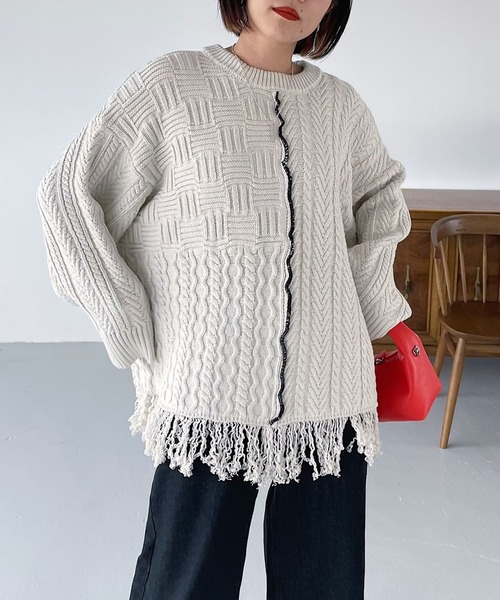 PAGEBOY(ページボーイ)の「MIXケーブルBIGプルオーバー(ニット/セーター・レディース・ブラック/オフホワイト・FREE)」の3枚目の写真