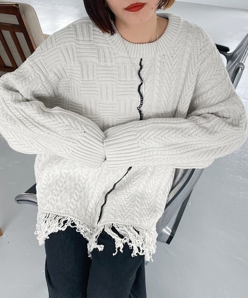 PAGEBOY(ページボーイ)の「MIXケーブルBIGプルオーバー(ニット/セーター・レディース・ブラック/オフホワイト・FREE)」の6枚目の写真