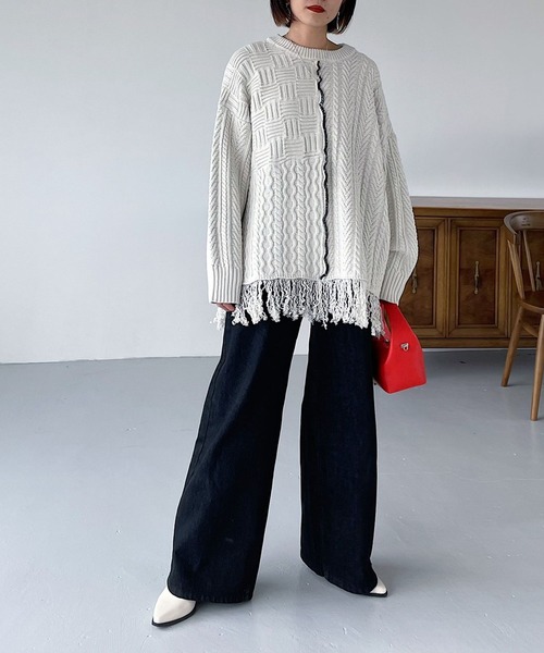 PAGEBOY(ページボーイ)の「MIXケーブルBIGプルオーバー(ニット/セーター・レディース・ブラック/オフホワイト・FREE)」の8枚目の写真