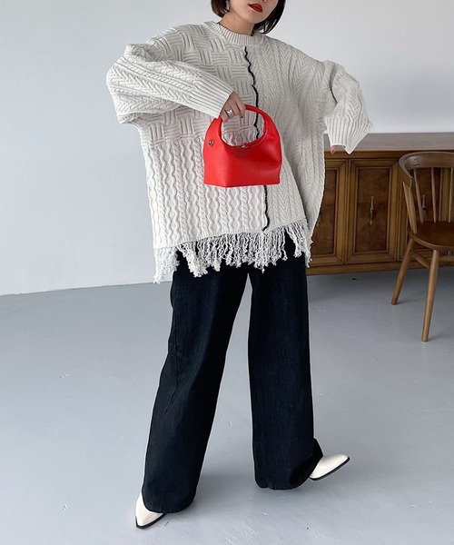 PAGEBOY(ページボーイ)の「MIXケーブルBIGプルオーバー(ニット/セーター・レディース・ブラック/オフホワイト・FREE)」の9枚目の写真