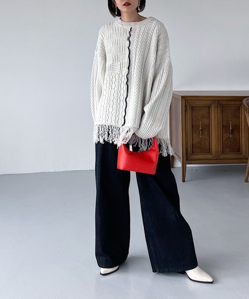 PAGEBOY(ページボーイ)の「MIXケーブルBIGプルオーバー(ニット/セーター・レディース・ブラック/オフホワイト・FREE)」の10枚目の写真