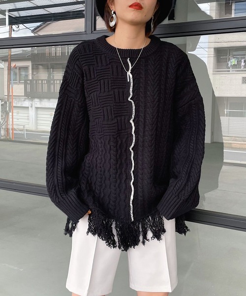 PAGEBOY(ページボーイ)の「MIXケーブルBIGプルオーバー(ニット/セーター・レディース・ブラック/オフホワイト・FREE)」の11枚目の写真