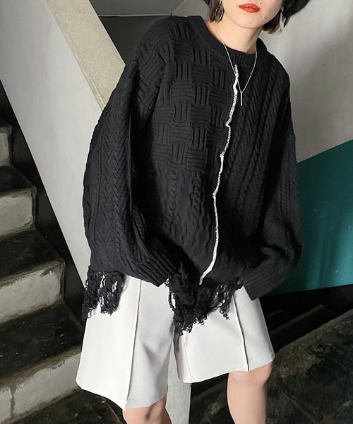 PAGEBOY(ページボーイ)の「MIXケーブルBIGプルオーバー(ニット/セーター・レディース・ブラック/オフホワイト・FREE)」の12枚目の写真