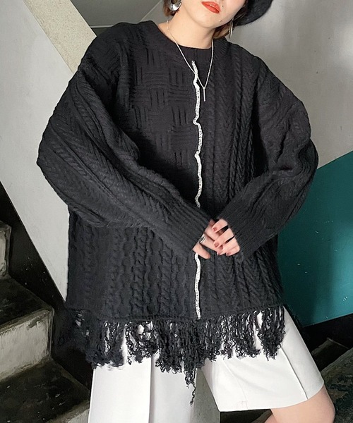 PAGEBOY(ページボーイ)の「MIXケーブルBIGプルオーバー(ニット/セーター・レディース・ブラック/オフホワイト・FREE)」の13枚目の写真