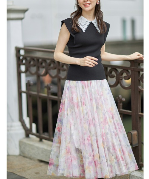 【新品】トッコクローゼット フラワープリントチュールフレアスカート ブルー トッコクローゼット tocco closet 3WAYリボン付き後ろチュール