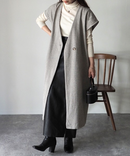 Riberry（リベリー）の「起毛ヘリンボーン　ロングジレ/ベスト（ベスト・レディース・ベージュ/グレー/ブラック・MEDIUM）」の13枚目の写真