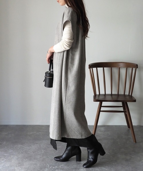 Riberry（リベリー）の「起毛ヘリンボーン　ロングジレ/ベスト（ベスト・レディース・ベージュ/グレー/ブラック・MEDIUM）」の15枚目の写真