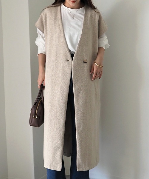 Riberry（リベリー）の「起毛ヘリンボーン　ロングジレ/ベスト（ベスト・レディース・ベージュ/グレー/ブラック・MEDIUM）」の9枚目の写真