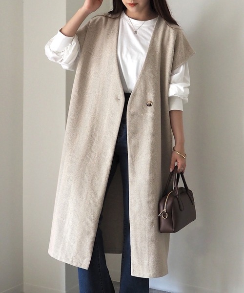 Riberry（リベリー）の「起毛ヘリンボーン　ロングジレ/ベスト（ベスト・レディース・ベージュ/グレー/ブラック・MEDIUM）」の10枚目の写真