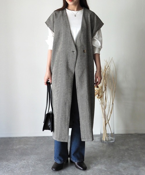 Riberry（リベリー）の「起毛ヘリンボーン　ロングジレ/ベスト（ベスト・レディース・ベージュ/グレー/ブラック・MEDIUM）」の4枚目の写真