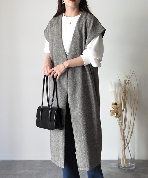 Riberry（リベリー）の「起毛ヘリンボーン　ロングジレ/ベスト（ベスト・レディース・ベージュ/グレー/ブラック・MEDIUM）」の5枚目の写真