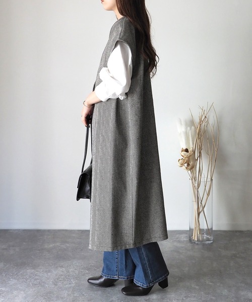 Riberry（リベリー）の「起毛ヘリンボーン　ロングジレ/ベスト（ベスト・レディース・ベージュ/グレー/ブラック・MEDIUM）」の6枚目の写真