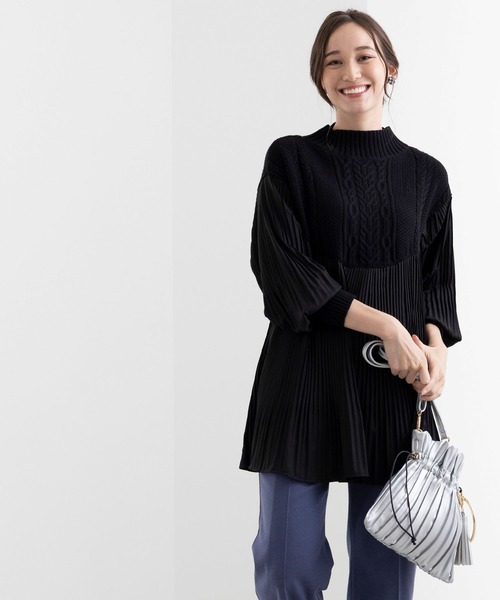 BELLUNA PLUS（ベルーナ）の「ニットプリーツ切替フレアーチュニック（チュニック・レディース・ブラック/ベージュ/ブラック×グレー/ブラウン・MEDIUM/X-LARGE/LARGE）」の9枚目の写真