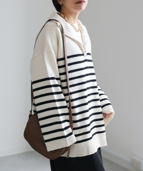 ap retro（アプレトロ）の「ハーフZIPオーバーニット パネルボーダー/無地（ニット/セーター・レディース・ブラウン/アイボリー/ブラック/ブラック系その他/ホワイト系その他・FREE）」の10枚目の写真