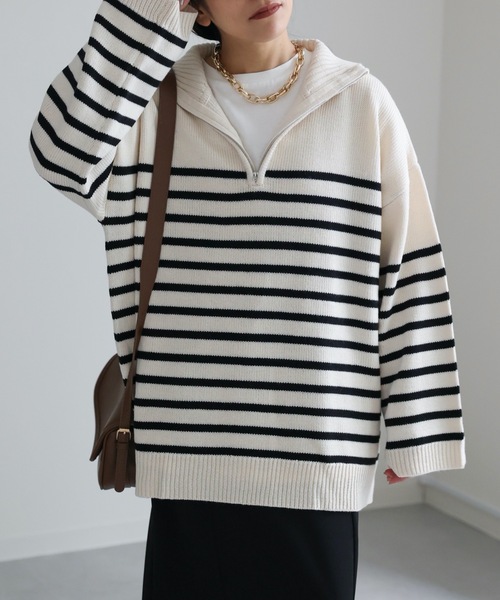 ap retro（アプレトロ）の「ハーフZIPオーバーニット パネルボーダー/無地（ニット/セーター・レディース・ブラウン/アイボリー/ブラック/ブラック系その他/ホワイト系その他・FREE）」の9枚目の写真