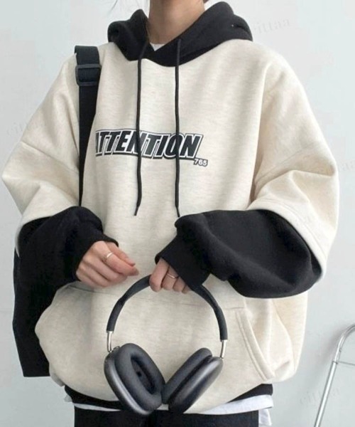 Dalfwin（ダールフィン）の「2023AW 秋冬新作 韓国ファッション パーカー スウェット レディース　バイカラーレイヤードフーディー ビッグシルエット　オーバーサイズ 男女兼用 ペア ユニセックス（パーカー・レディース・ネイビー/オートミール/ブラック・FREE）」の3枚目の写真