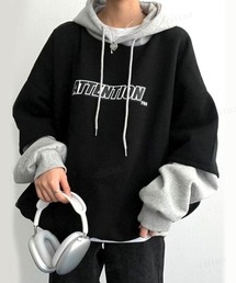 Dalfwin | 2022 AW 秋冬 韓国ファッション パーカー スウェット レディース　バイカラーレイヤードフーディー ビッグシルエット　オーバーサイズ 男女兼用 ペア ユニセックス(パーカー)