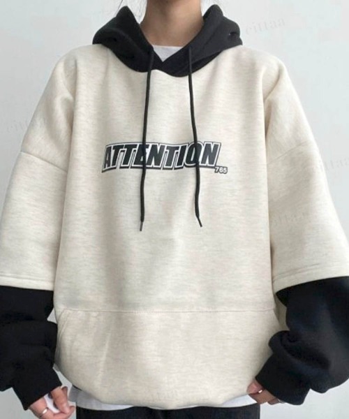 Dalfwin（ダールフィン）の「2023AW 秋冬新作 韓国ファッション パーカー スウェット レディース　バイカラーレイヤードフーディー ビッグシルエット　オーバーサイズ 男女兼用 ペア ユニセックス（パーカー・レディース・ネイビー/オートミール/ブラック・FREE）」の12枚目の写真