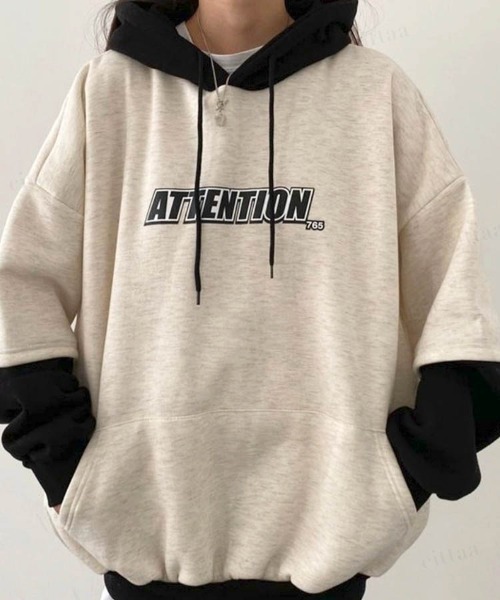 Dalfwin（ダールフィン）の「2023AW 秋冬新作 韓国ファッション パーカー スウェット レディース　バイカラーレイヤードフーディー ビッグシルエット　オーバーサイズ 男女兼用 ペア ユニセックス（パーカー・レディース・ネイビー/オートミール/ブラック・FREE）」の14枚目の写真