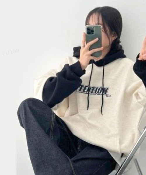 Dalfwin（ダールフィン）の「2023AW 秋冬新作 韓国ファッション パーカー スウェット レディース　バイカラーレイヤードフーディー ビッグシルエット　オーバーサイズ 男女兼用 ペア ユニセックス（パーカー・レディース・ネイビー/オートミール/ブラック・FREE）」の17枚目の写真