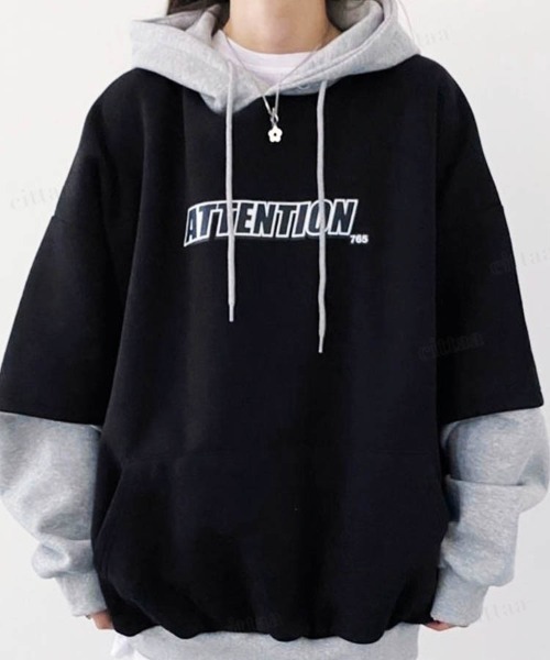 Dalfwin（ダールフィン）の「2023AW 秋冬新作 韓国ファッション パーカー スウェット レディース　バイカラーレイヤードフーディー ビッグシルエット　オーバーサイズ 男女兼用 ペア ユニセックス（パーカー・レディース・ネイビー/オートミール/ブラック・FREE）」の9枚目の写真