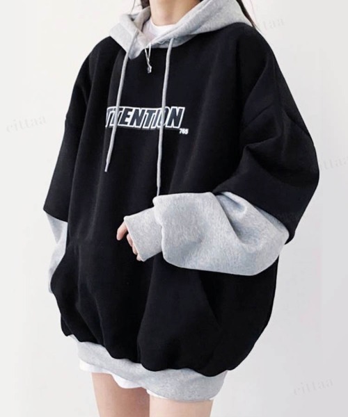 Dalfwin（ダールフィン）の「2023AW 秋冬新作 韓国ファッション パーカー スウェット レディース　バイカラーレイヤードフーディー ビッグシルエット　オーバーサイズ 男女兼用 ペア ユニセックス（パーカー・レディース・ネイビー/オートミール/ブラック・FREE）」の10枚目の写真