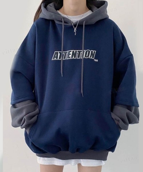 Dalfwin（ダールフィン）の「2023AW 秋冬新作 韓国ファッション パーカー スウェット レディース　バイカラーレイヤードフーディー ビッグシルエット　オーバーサイズ 男女兼用 ペア ユニセックス（パーカー・レディース・ネイビー/オートミール/ブラック・FREE）」の20枚目の写真