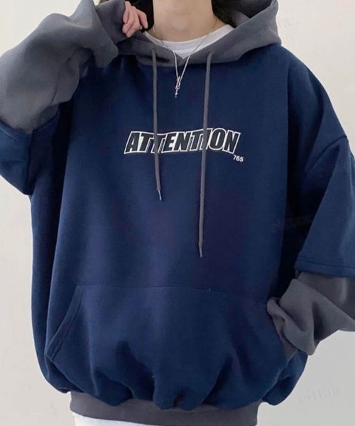 Dalfwin（ダールフィン）の「2023AW 秋冬新作 韓国ファッション パーカー スウェット レディース　バイカラーレイヤードフーディー ビッグシルエット　オーバーサイズ 男女兼用 ペア ユニセックス（パーカー・レディース・ネイビー/オートミール/ブラック・FREE）」の21枚目の写真